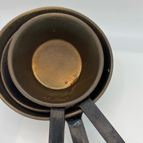 Set of 3 Antique Brass Copper Fireplace Pots with Long Iron Handle Dipper Scoop - Picture 3 of 17